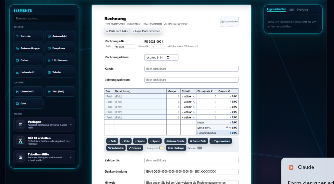 FormularWerkstatt: Rechnungsvorlage mit automatisch rechnender Positionstabelle
